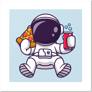 Cute Astronaut With Pizza And Soda Cartoon Posters and Art